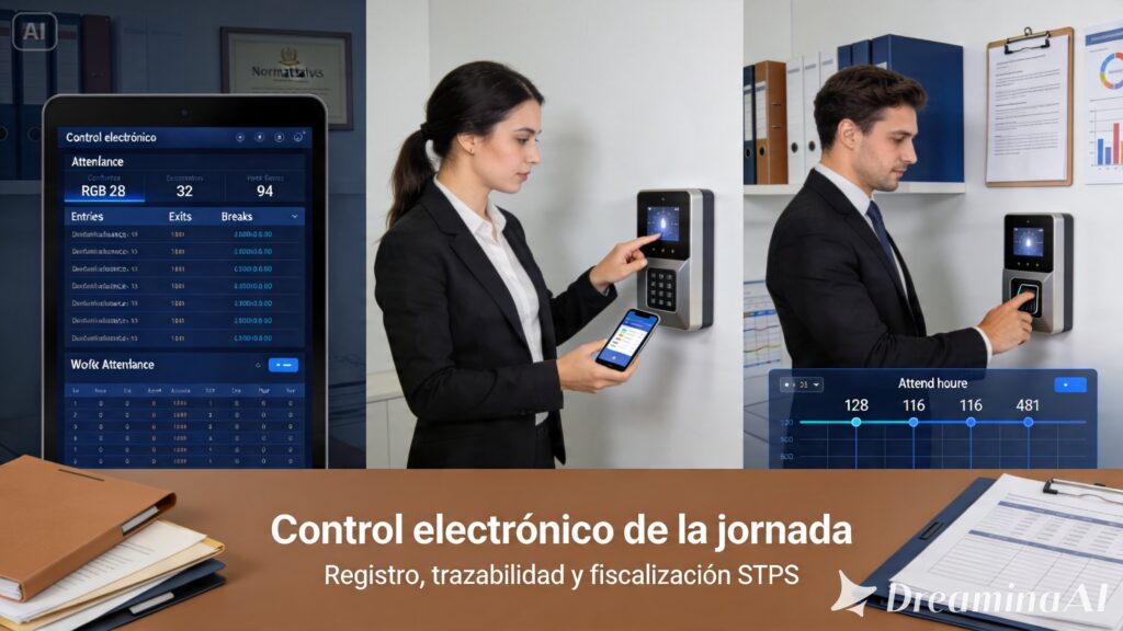 Trabajadores registrando su entrada con lector biométrico y aplicación móvil para el control electrónico de jornada laboral y cumplimiento ante la STPS.
